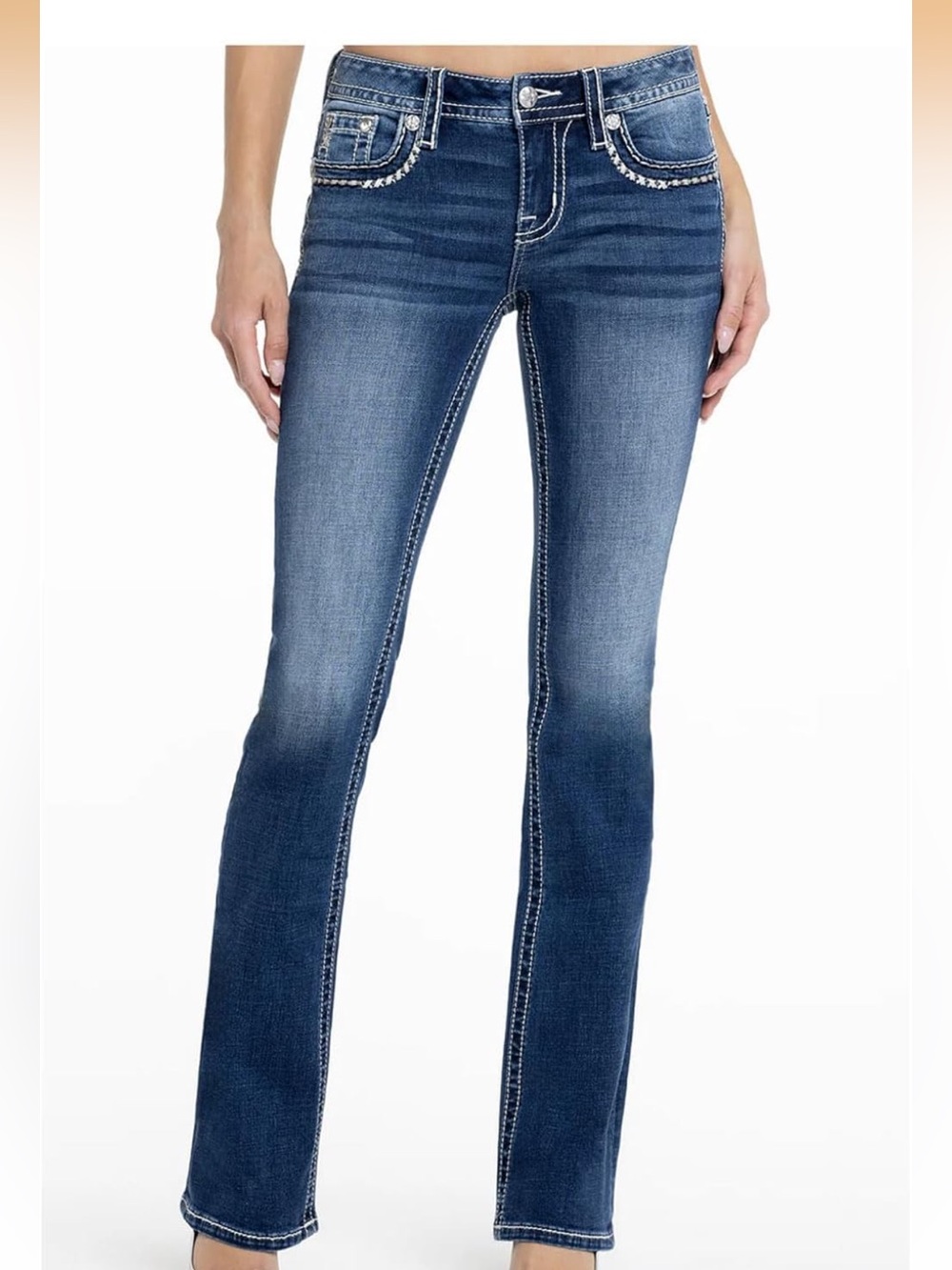Miss Me Women's Metallic Saddle Stitch Faux Flap Pockets Mid-Rise Bootcut Jeans